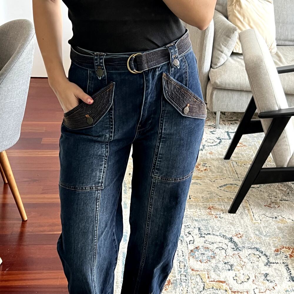 Ulla Johnson Waverly Jeans Size 6 Cotton Belted Dark Wash Blue Embroidered - Picture 12 of 14
